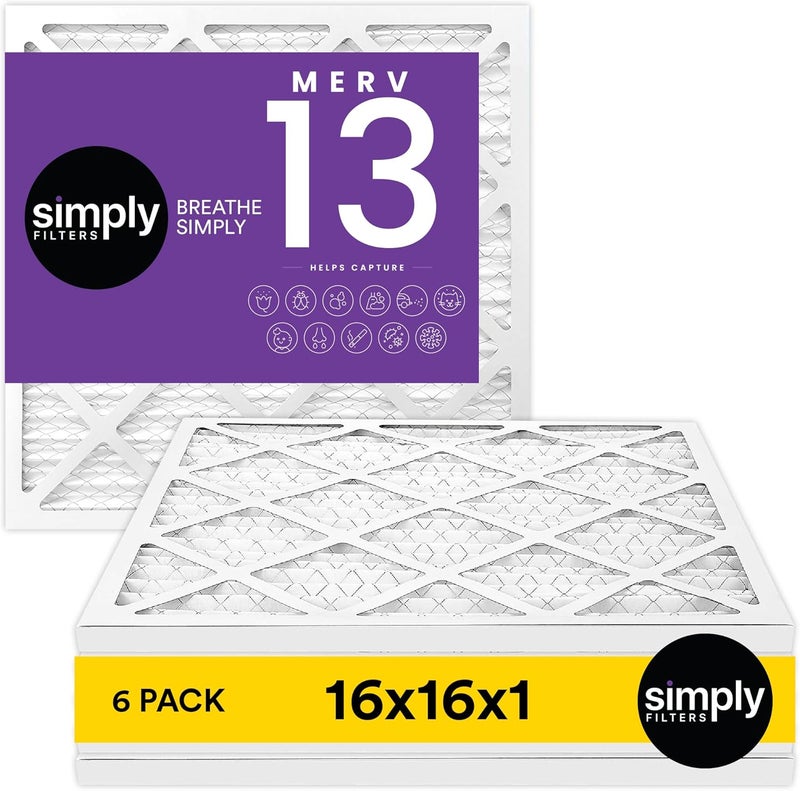 SIMPLY 16x16x1 Air Filter, MERV 13, 6 Pack, For Home AC Furnace & HVAC (Actual Size: 15.75"x15.75"x0.75") DUST, Pet, & Allergy Control - Image 1